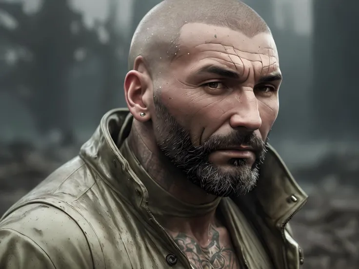 ((old Dave Bautista)) as Sapper Morton from Blade Runner 2049, (portrait:1.2), muscle, bald wrinkled skull, gray stubble, small round glasses,
((devastated field of mud on background, huge petrified dead tree on background)), weared work overalls
(depressive and muted colors), (((smog, fog, spotlights in the night))), low angle,
(ultradetaled skin texture), intricately detailed, fine details, hyperdetailed, raytracing, subsurface scattering, diffused soft lighting, shallow depth of field, by Oliver Wetter, 
Intricate, High Detail, Sharp focus, dramatic, photorealistic painting art by (Denis Villeneuve),