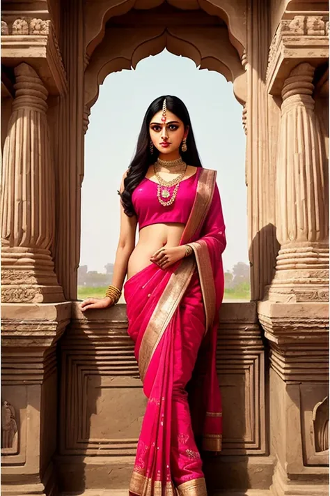a professional majestic photo-realistic painting by ravi verma, intricate stunning highly detailed Indian woman, full body portrait, aesthetic, pastel colors, highly detailed symmetrical attractive face, large eyes, sharp focus, fine detail, with a goose on a ledge next to khajuraho statues in the background