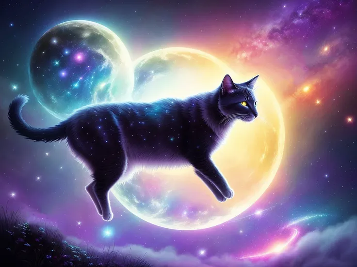 cat fly in void between stars, milky way galaxy, dreamy, misty, elegant, highly detailed, in style of greg rutkowski, dim colors, soothing tones