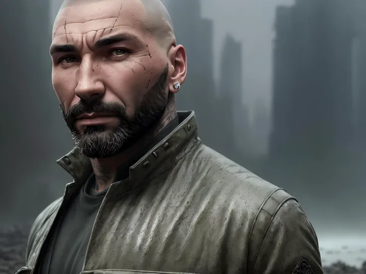 ((50yo Dave Bautista)) as Sapper Morton from Blade Runner 2049, (portrait:1.2), muscle, bald wrinkled skull,
((devastated field of mud on background)), huge petrified dead tree without leaves on background), weared work overalls
(depressive and muted colors), (((smog, fog, spotlights in the night))), low angle,
(ultradetaled skin texture), intricately detailed, fine details, hyperdetailed, raytracing, subsurface scattering, diffused soft lighting, shallow depth of field, by Oliver Wetter,
Intricate, High Detail, Sharp focus, dramatic, photorealistic painting art by (Denis Villeneuve),