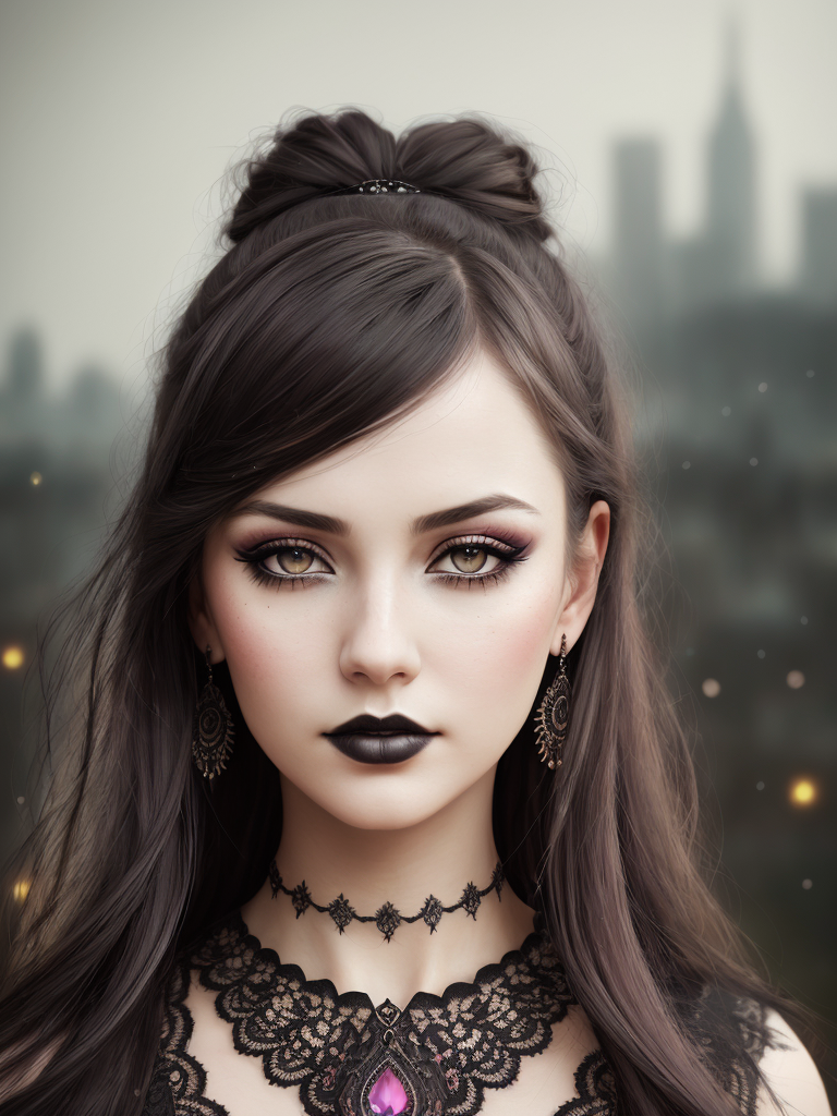 A woman with long hair and black lipstick wearing a black dress - SeaArt AI