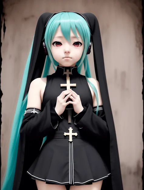 hell background, portrait, 1girl, anime, natural texture skin, (Hatsune Miku:1.1), closed eyes, fear on the face, full black nun costume, prays, cross, 8k, best quality,