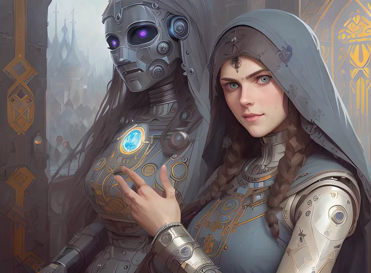 (smilling:0.8), women [Alexandra Daddario:(robot:1.1):10], long hair, (greyblue eyes:1.2), ( high detailed slavic environment:1.3), (neofolk:1.2), (orthodox signs:1.1), by artgerm and greg rutkowski and alphonse mucha