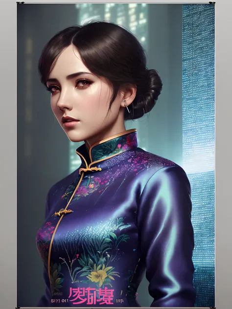 mature Anna de Armas from Blade Runner, standing on the balcony of a skyscraper, (drizzle rain:1.2), (poster:1.6), poster on wall, nostalgia, movie poster, (portrait:1.2), (((chinise silk qipao dress))),
(depressive and muted colors), huge neon sign ATARI logo on the roof, ((smog, spotlights in the night))
short hair,
(ultradetaled skin texture), intricately detailed, fine details, hyperdetailed, raytracing, subsurface scattering, diffused soft lighting, shallow depth of field, by Oliver Wetter,
Intricate, High Detail, Sharp focus, dramatic, photorealistic painting art by (Denis Villeneuve),