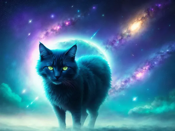 cat fly in void between stars, milky way galaxy, dreamy, misty, elegant, highly detailed, in style of greg rutkowski, dim colors, soothing tones