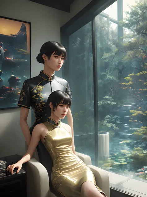 Mackenzie Davis from Blade Runner 2049, sits on a chair, (high-tech interior style and futurism), (poster:1.2), poster on wall, movie poster, (portrait), ((chinise qipao dress)), ((digital artifacts)),
( japanese rock garden and pond, bonsai), (movie poster),
((ultradetaled skin texture)), intricately detailed, fine details, hyperdetailed, raytracing, subsurface scattering, diffused soft lighting, shallow depth of field, by Oliver Wetter
rending on CGSociety, Intricate, High Detail, Sharp focus, dramatic, photorealistic painting art by ((greg rutkowski))