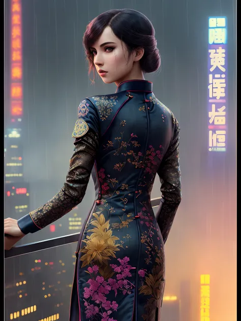 mature Anna de Armas from Blade Runner 2049 standing on the balcony of a skyscraper, (drizzle rain:1.2), (poster:1.6), poster on wall, nostalgia, movie poster, (portrait:1.2), (((chinise silk qipao dress))),
(depressive and muted colors), huge neon sign ATARI logo on the roof, ((smog, spotlights in the night))
((ultradetaled skin texture)), intricately detailed, fine details, hyperdetailed, raytracing, subsurface scattering, diffused soft lighting, shallow depth of field, by Oliver Wetter,
Intricate, High Detail, Sharp focus, dramatic, photorealistic painting art by (Denis Villeneuve),