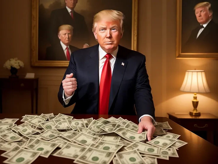 Donald Trump portrait,counting cash in office,satisfactory smile,complex,masterpiece,hyperdetailed,realistic,cinematic lighting,cinematic shot,depth of field,24mm
