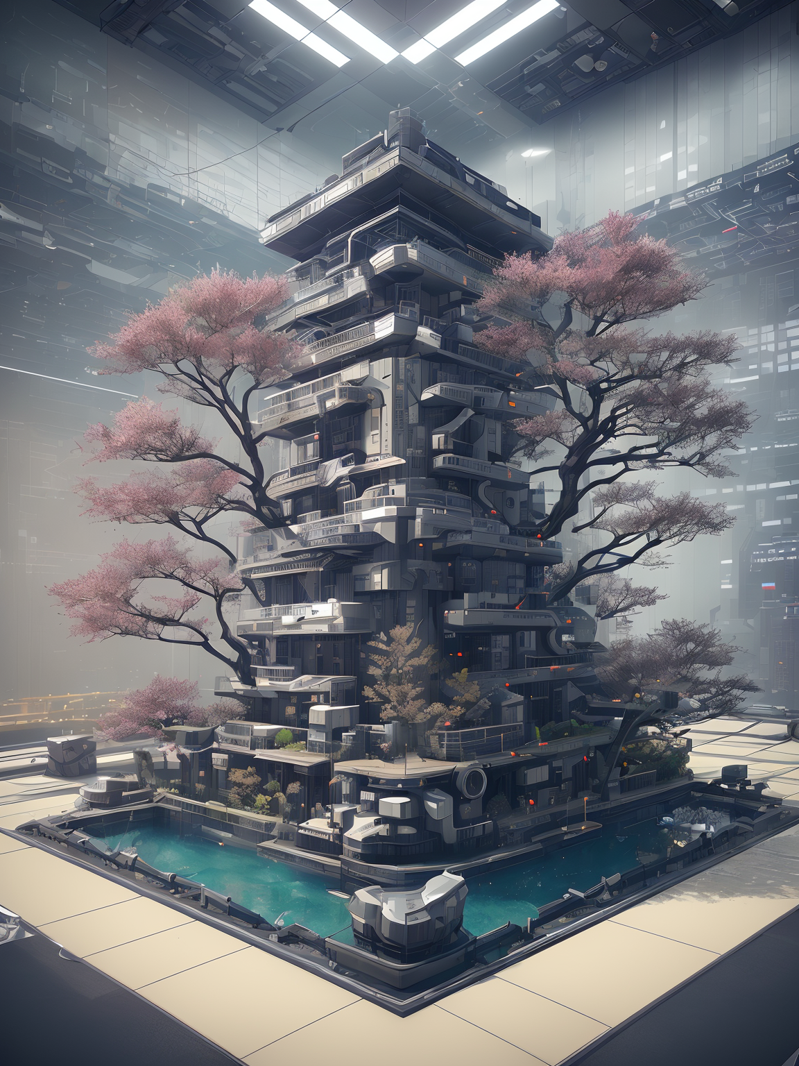 A large tower with a tree in the middle of it - SeaArt AI