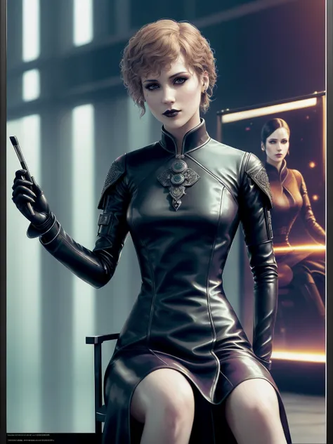 Carla Juri as Dr. Ana Stelline from Blade Runner 2049, sits on a chair, (poster:1.6), poster on wall, movie poster, (portrait:1.3), ((thin transparent qipao dress)),  black hair,
((japanese rock garden and pond, bonsai)), movie poster, ((high-tech interior style and futurism)), nude, factory and huge Industrial robots on background,
(elegant, beautiful face), (gothic makeup:1.2)
((ultradetaled skin texture)), intricately detailed, fine details, hyperdetailed, raytracing, subsurface scattering, diffused soft lighting, shallow depth of field, Intricate, High Detail, Sharp focus, dramatic, photorealistic painting art by greg rutkowski