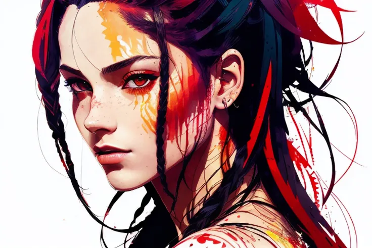 a 21 years old (european:1.3) devil girl with wild black hair with red braids| centered| key visual| intricate| highly detailed| breathtaking beauty| precise lineart| vibrant| comprehensive cinematic| Carne Griffiths| Conrad Roset