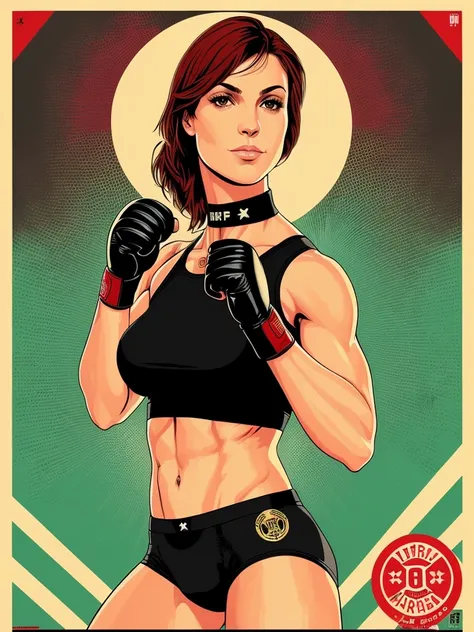 (art by Shepard Fairey:1.1), sharp image, 8k, rim light, poster, hdr, (female boxer:1.1), fitness woman, big boxer gloves, in sport underwear, boxer in the rack