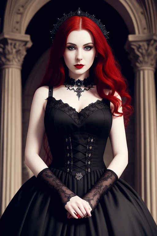 masterpiece, 8k, wallpaper, (detailed), ((full body)), beautiful woman, dark red hair, pale skin, (wearing black dress), makeup, eyeliner, red lipstick, gothic, castle, (intricate), ((high detailed skin, skin details)), sharp focus, 8k uhd, dslr, high quality, film grain,