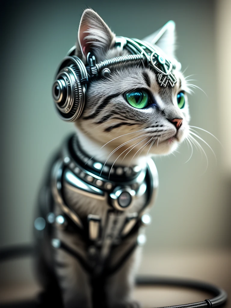 a cute kitten made out of metal, (cyborg:1.1), ([tail | detailed wire]:1.3), (intricate details), hdr, (intricate details, hyperdetailed:1.2), cinematic shot, vignette, centered
