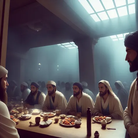 above a head photo of the (twelve men) are sitting at a long table, the last meal of Jesus, biblical history, (Jesus:1.2) dressed in a Jewish toga (standing with cup in hand:1.0), beautiful faces, oil lamps, (ultra realistic skin:1.2), (detailed eyes:1.2), photorealistic, intricate, (camera close to faces), bar counter, smoking, lots of food, (wine in jugs:1.1), narrow aisles between tables, first floor views of street, (very crowded:1.3), hyperdetailed, cyan shadows, vignette, dimly lit, softbox, volumetric Light, ambient occlusion, HDR, photo realistic, professional photo, sharp focus bokeh, (photo quality:1.4), rays of light through the fog, 100 mm lens, work by Mario Testino