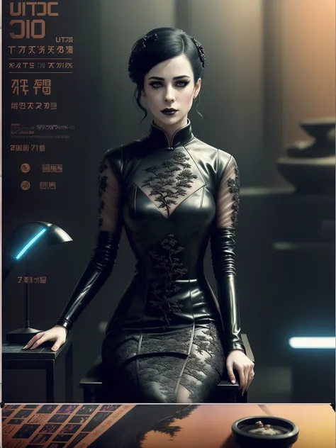 Carla Juri as Dr. Ana Stelline from Blade Runner 2049, sits on a chair, (poster:1.6), poster on wall, movie poster, (portrait:1.3), ((thin transparent qipao dress)), black hair,
((japanese rock garden and pond, bonsai)), movie poster, ((high-tech interior style and futurism)), nude, factory and huge Industrial robots on background,
(elegant, beautiful face), (gothic makeup:1.2)
((ultradetaled skin texture)), intricately detailed, fine details, hyperdetailed, raytracing, subsurface scattering, diffused soft lighting, shallow depth of field, Intricate, High Detail, Sharp focus, dramatic, photorealistic painting art by greg rutkowski