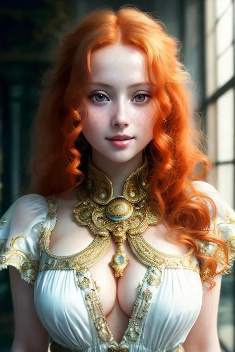 Anna Semenovich, Ana De Armas, natural skin, translucent skin, Arcade core Portrait, elegant, smile, redhead ginger curly hairs, gold dreamlike, big beutiful eyes, Alphonse Mucha dynamic lighting trending on artstation, 8k, sharp focus, art illustration by Miho Hirano, epic realistic, hdr, intricate details, intricate, cinematic, detailed