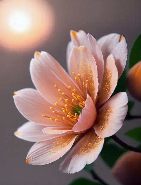 a (closeup (Apricot pink flower:1.2):1.3), a branch of a tree with Japanese, (sunset:1.5), lightroom, hdr, cinematic, (dark color:1.1)