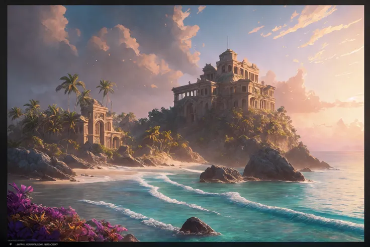tropical coastline landscape with ancient ruins, gold opal medalion shimmering with colors, highly detailed, high resolution, raytraced reflections, dramatic lighting. 8k vibrant colors, neon ambiance, abstract black oil, detailed acrylic, grunge, intricate complexity, photorealistic, Makoto Shinkai Peter Kemp Mucha, kids story style, muted colors, watercolor style, muted colors, watercolor style, perfect composition, beautiful detailed intricate insanely detailed octane render trending on artstation, 8 k artistic photography, photorealistic concept art, soft natural volumetric cinematic perfect light, chiaroscuro, award winning photograph, masterpiece, muted colors, watercolor style