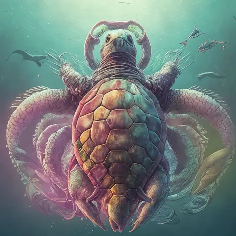a rainbow colors turtle with mess array many legs of fins and tentacles swims underwater, sci-fi cyberpunk, stalenhag, epic realistic, intricate details, intricate, cinematic, detailed