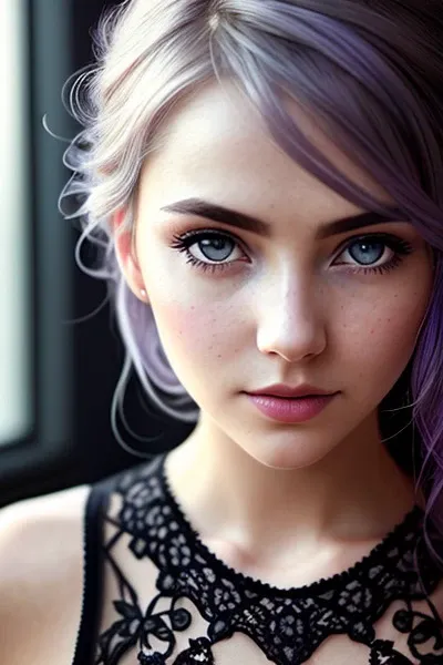 woman, [ashen hair | pink hair | violet hair], (blue-grey eyes:1.1), eyebrow up, chest, translucent dress, lace, looking at camera, natural skin texture, 24mm, 4k textures, soft cinematic light, adobe lightroom, photolab, hdr, intricate, highly detailed, sharp focus, ((((cinematic look)))), soothing tones, insane details, intricate details, hyperdetailed, low contrast, soft cinematic light, exposure blend, hdr