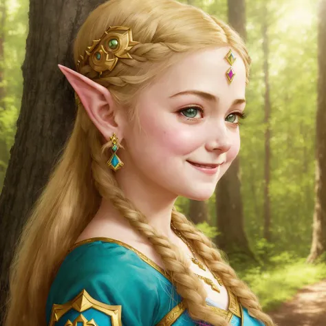 princess zelda, portrait, smiling, by norman rockwell, by nintendo,  forest, sunny day, dragon in the background, cinematic, high definition, low contrast, eighties