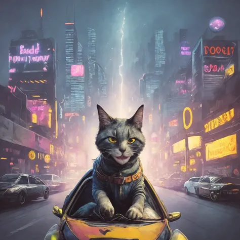 cool cat with a smile face in magic clothes that holds the steering wheel in a destroyed car, Stalenhag, mess of neon city skyscrapers, colorfully, photo, cinematic, oversaturated, by Jean-Baptiste Monge, Gilles Beloeil, Tyler Edlin, Marek Okon, Pixar, album art, comic style, perfect composition, a masterpiece,