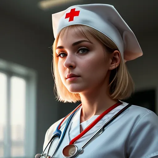 realistic, 1girl, (nurse:1.4), full body, RAW, Nikon Z 85mm, front lit, HDR, Beautiful, petite 18 year old supermodel, (nurse dress:1.2), God Rays, blond hair, (short hair:1.2), bright blue eyes, fit, petite, ((cameltoe:1.2)), skinny, nurse cap,  (chiseled abs), ((high detailed skin, skin details)), sharp focus, volumetric fog, 8k uhd, dslr, high quality, film grain, russian face, (infirmary at background:1.3), (cute).
