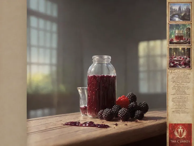 ((half empty three-liter jar of blackberry jam)),  jar is stained with jam,  (poster:1.6), (((jam spray))), paris Eiffel Tower, (((clots of jam on the table))), close up, window, croissant,
(((jam flowing down the sides of the jar onto the table))), spoon on the table stained with jam,  (((pre-revolutionary Russian style)))
intricately detailed, fine details, hyperdetailed, raytracing, subsurface scattering, diffused soft lighting, shallow depth of field, Intricate, High Detail, Sharp focus bokeh, 
((((art by James Jeam, art by krenz cushart))))