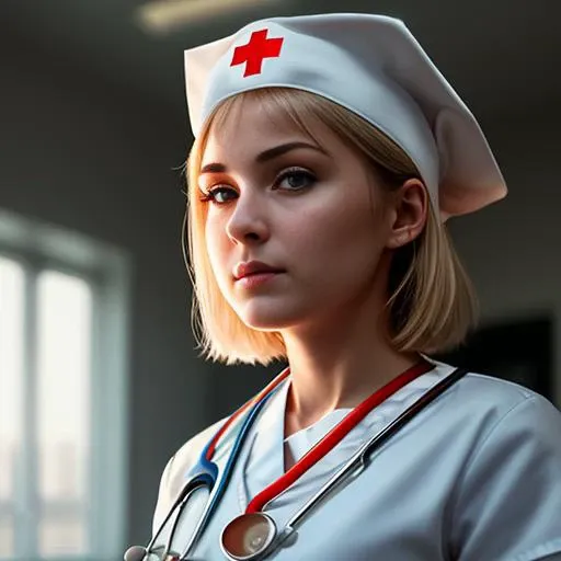 realistic, 1girl, (nurse:1.4), full body, RAW, Nikon Z 85mm, front lit, HDR, Beautiful, petite 18 year old supermodel, (nurse dress:1.2), God Rays, blond hair, (short hair:1.2), bright blue eyes, fit, petite, ((cameltoe:1.2)), skinny, nurse cap, (chiseled abs), ((high detailed skin, skin details)), sharp focus, volumetric fog, 8k uhd, dslr, high quality, film grain, russian face, (infirmary at background:1.3), (cute).