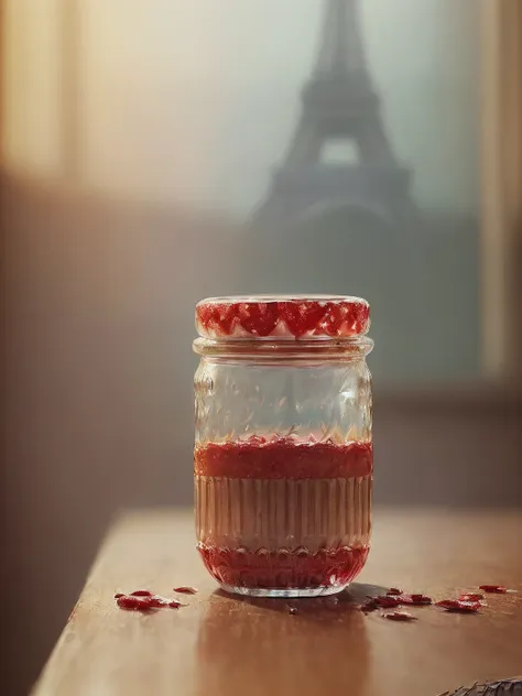 ((half empty jar of Strawberry  jam)),  jar is stained with jam,  (poster:1.6), (((jam spray)), paris Eiffel Tower, (((clots of jam on the table)))
(((jam flowing down the sides of the jar onto the table))), spoon on the table stained with jam,  (((pre-revolutionary Russian style)))
intricately detailed, fine details, hyperdetailed, raytracing, subsurface scattering, diffused soft lighting, shallow depth of field, Intricate, High Detail, Sharp focus bokeh, 
((((art by James Jeam, art by krenz cushart))))