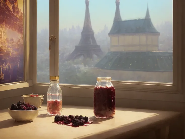 ((half empty three-liter jar of blackberry jam)), jar is stained with jam, (poster:1.6), (((jam spray))), paris Eiffel Tower, (((clots of jam on the table))), close up, window, croissant,
(((jam flowing down the sides of the jar onto the table))), spoon on the table stained with jam, (((pre-revolutionary Russian style)))
intricately detailed, fine details, hyperdetailed, raytracing, subsurface scattering, diffused soft lighting, shallow depth of field, Intricate, High Detail, Sharp focus bokeh,
((((art by James Jeam, art by krenz cushart))))