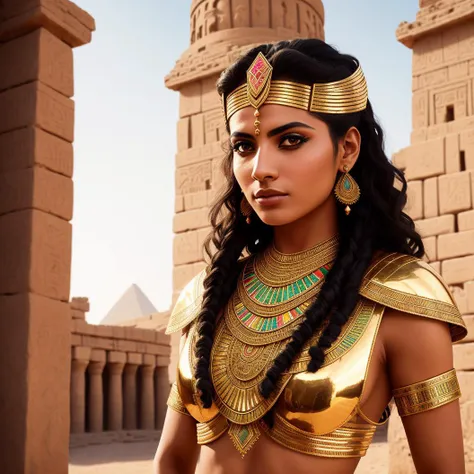 portrait of a ((single)) egyptian person wearing an elegant tribal outfit with intricate elements, ancient city background, defiant, amazing body, pronounced feminine feature, maximum details, cinematic, intense, cinematic composition, cinematic lighting, (rim lighting:1.3), color grading, focused, hdr, (intricate details:1.25, hyperdetailed:1.2)