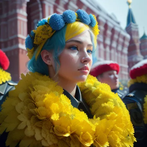 cinematic shot, centered, cinematography, intricately detailed, crafted, meticulous, magnificent, maximum details, extremely hyper aesthetic, (((army with  yellow and blue wreaths of woman on Red Square)), chief's funeral, white skin, blonde hair, Realistic, rain, wet, sweat