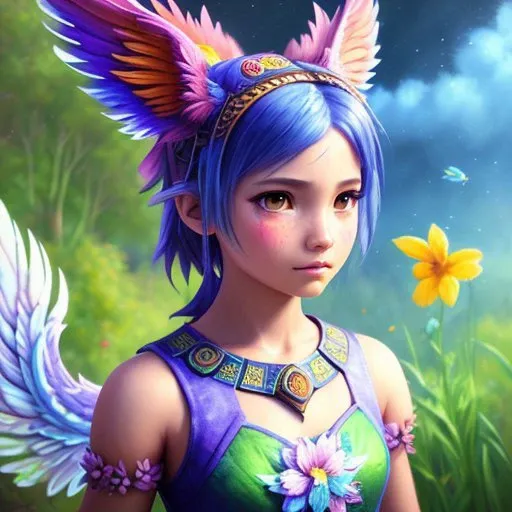 majestic fenix girl, videogame character, hyperdetailed surreal background with flowers, digital art, concept art, surrealistic, oil painting, highly detailed, pencil drawing, sketching, heavy strokes, paint dripping, extra depth, kids story book, muted colors, watercolor style, eevee, 3d, render, 3 point light, (glossy:0.76), ambient occlusion