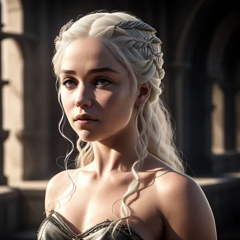 Daenerys Targaryen, photography , dramatic pose, 8k , (hdr:1.3), cinematic lighting , beautiful , looking over shoulder , realistic , detailed face , god ,natural skin texture ,insane details, intricate details, hyperdetailed
