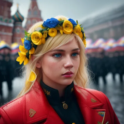 cinematic shot, centered, cinematography, intricately detailed, crafted, meticulous, magnificent, maximum details, extremely hyper aesthetic, (((army with yellow and blue wreaths of woman on Red Square)), chief's funeral, white skin, blonde hair, Realistic, rain, wet, sweat