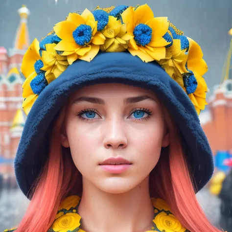 cinematic shot, centered, cinematography, intricately detailed, crafted, meticulous, magnificent, maximum details, extremely hyper aesthetic, (((army with yellow and blue wreaths of naked woman on Red Square)), chief's funeral, white skin, blonde hair, Realistic, rain, wet, sweat