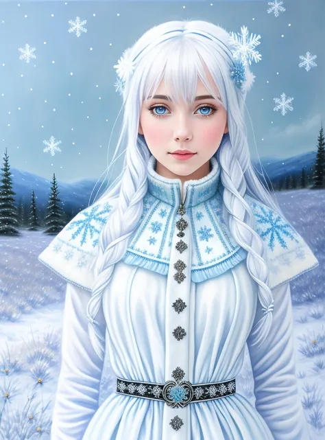 waist portrait of a winter girl, [white::0.6] blue hair, freezing, wearing multiple layer (dress:1.1), fabric with snowflake pattern, meadow, winter, snowfall, fantasy, soft light, high quality, highly detailed, intricate details, hdr, hyperrealism, ([gouache painting : oil painting : 0.5]:1.3)