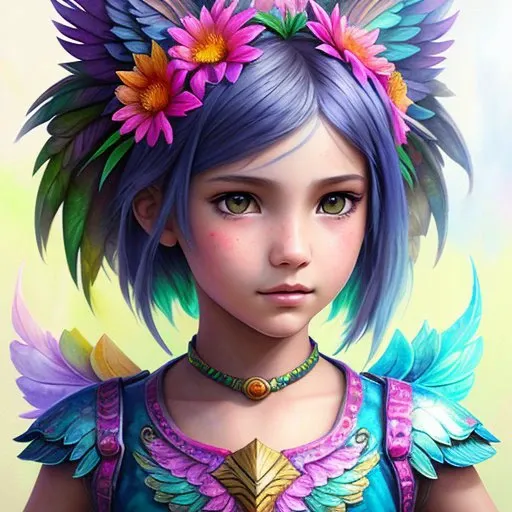 majestic fenix girl, videogame character, hyperdetailed surreal background with flowers, digital art, concept art, surrealistic, oil painting, highly detailed, pencil drawing, sketching, heavy strokes, paint dripping, extra depth, kids story book, muted colors, watercolor style