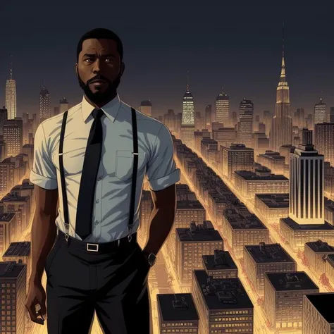 illustration of a black man, 45 y.o, slim body, wearing button shirt and suspenders, wearing tie, short haircut, (grizzle beard), detective from the 70s, 1970, noir city in the background, by geof darrow, dramatic lights, 8k, detailed, intricate, realistic, trending on artstation