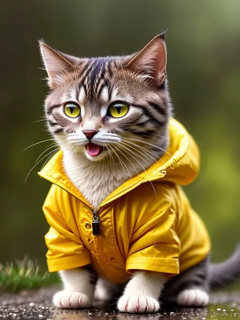 tiny cute (happy1.4) cat in a (yellow raincoat1.3) in the woods, rain, a character portrait, Tilt-shift, bokeh