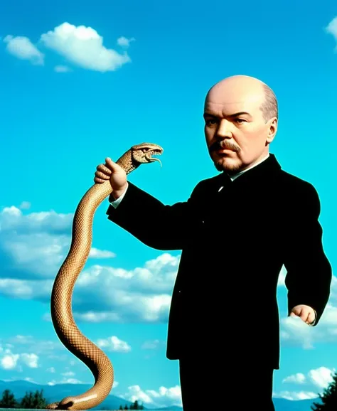 photo, Lenin holds a snake, sky, hills, clouds