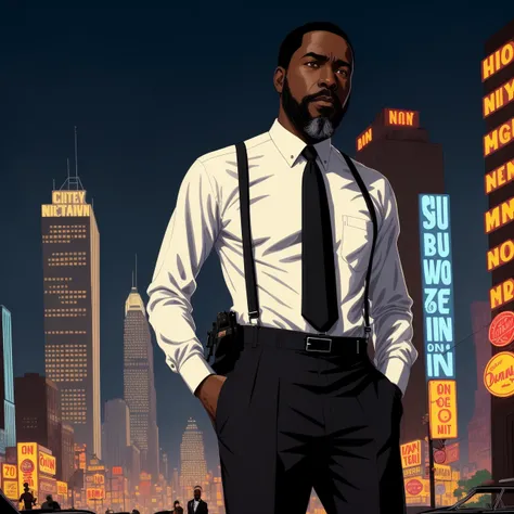 illustration of a black man, 45 y.o, slim body, wearing button shirt and suspenders, wearing tie, short haircut, (grizzle beard), detective from the 70s, 1970, noir city in the background, by geof darrow, dramatic lights, 8k, detailed, intricate, realistic, trending on artstation