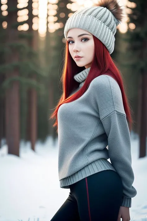 masterpiece, realistic photograph of beautiful woman, long hair, red hair, standing, dynamic pose, medium breasts, (wearing beanie and sweater and leggings,), (detailed facial features), from side, forest, winter, volumetric lighting, detailed background:1.4, (detailed), HDR, unity render, wallpaper,