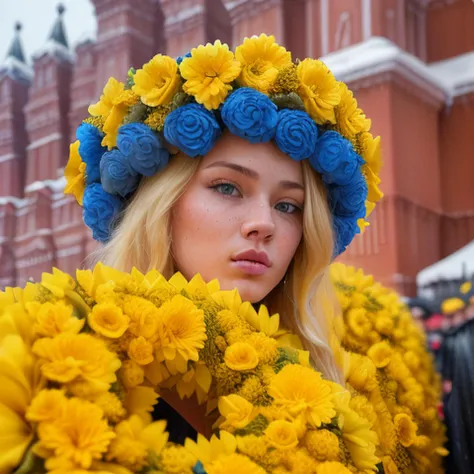 cinematic shot, centered, cinematography, intricately detailed, crafted, meticulous, magnificent, maximum details, extremely hyper aesthetic, (((army with yellow and blue wreaths of naked woman on Red Square)), chief's funeral, white skin, blonde hair, Realistic, rain, wet, sweat