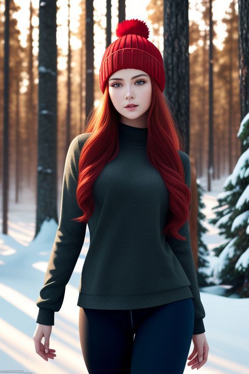 A woman with red hair and a red hat is walking through the snow - SeaArt AI