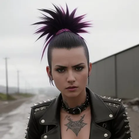 (4k resolution), completely naked girl, squatting, one hand raised up, angry face, in the landfill, with a punk hairstyle, a lot of tattoos, side shaved hairstyle, multi-colored hair, wide-open leather jacket, leather belt with spikes, a collar with spikes, a little wet, visible pussy, pubic hair, detail face, detail backgrounds little blur, reflection from wet, not much light on models, correct shadows, HDR, photo realistic, professional photo