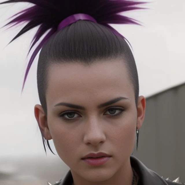 (4k resolution), completely naked girl, squatting, one hand raised up, angry face, in the landfill, with a punk hairstyle, a lot of tattoos, side shaved hairstyle, multi-colored hair, wide-open leather jacket, leather belt with spikes, a collar with spikes, a little wet, visible pussy, pubic hair, detail face, detail backgrounds little blur, reflection from wet, not much light on models, correct shadows, HDR, photo realistic, professional photo