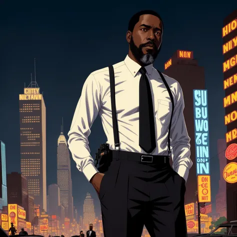 illustration of a black man, 45 y.o, slim body, wearing button shirt and suspenders, wearing tie, short haircut, (grizzle beard), detective from the 70s, 1970, noir city in the background, by geof darrow, dramatic lights, 8k, detailed, intricate, realistic, trending on artstation
